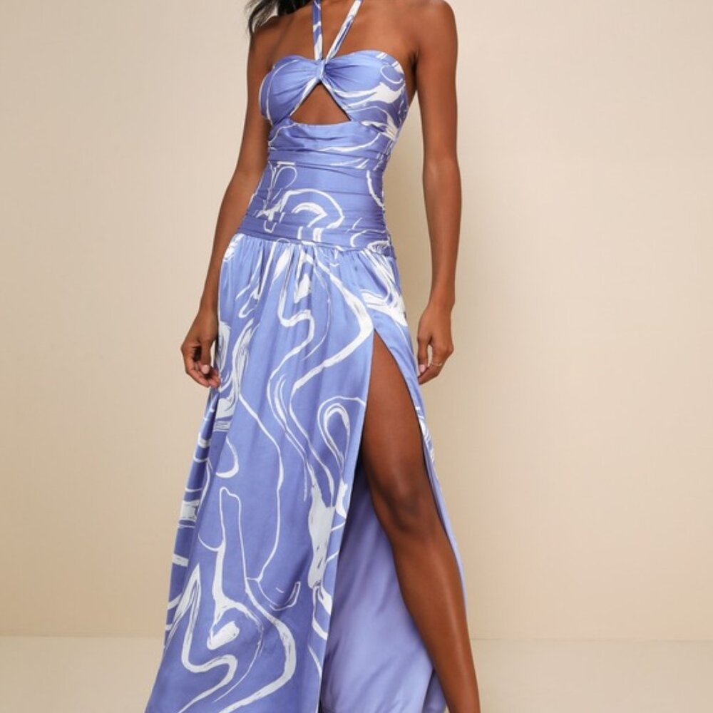Ultimate Desire Periwinkle Abstract Print Satin Maxi Dress